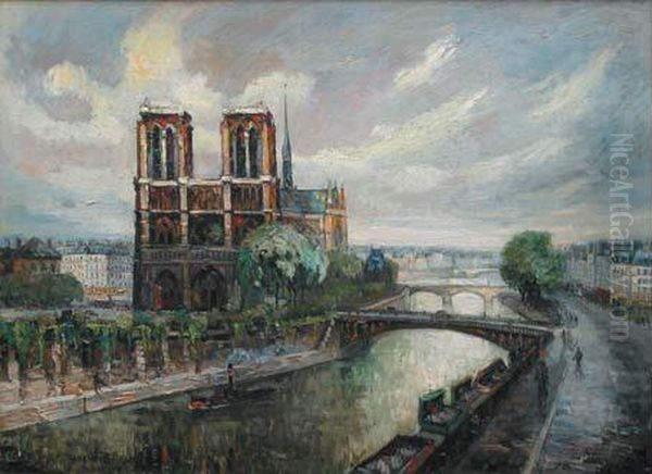 Coup De Soleil Sur Notre Dame Et La Seine A Paris Oil Painting by Frank Will