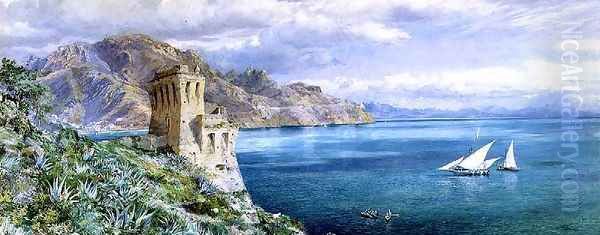 The Old Watch Tower overlooking the Bay of Salerno, c.1861 Oil Painting by Frederick Townsend