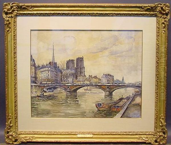 View Of Notre Dame From The Seine Oil Painting by Frank Will