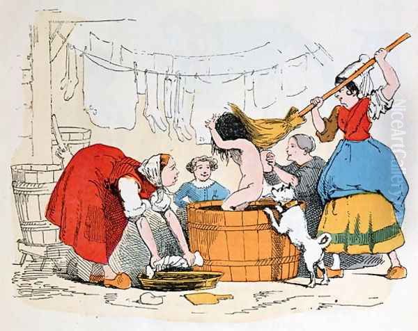 The Compulsory Bath, illustration for Les Defauts Horribles, c.1860 Oil Painting by Louis de Ratisbonne Trim