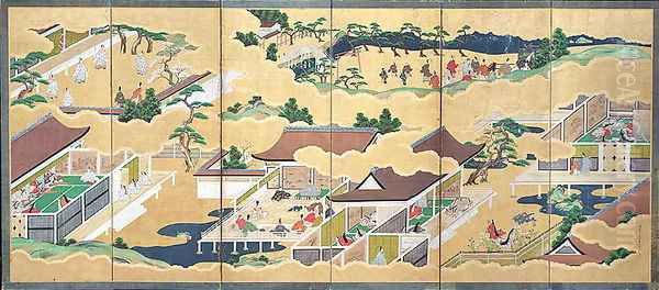 Scenes from The Tale of Genji, six-fold screen, Edo Period, 1677 Oil Painting by Fujiwara Tsunenobu