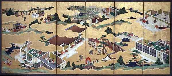 Scenes from The Tale of Genji, six-fold screen, Edo Period, 1677 2 Oil Painting by Fujiwara Tsunenobu