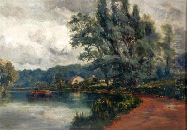 A Constable Inspired River Landscape With Barge Oil Painting by Alexander Williams