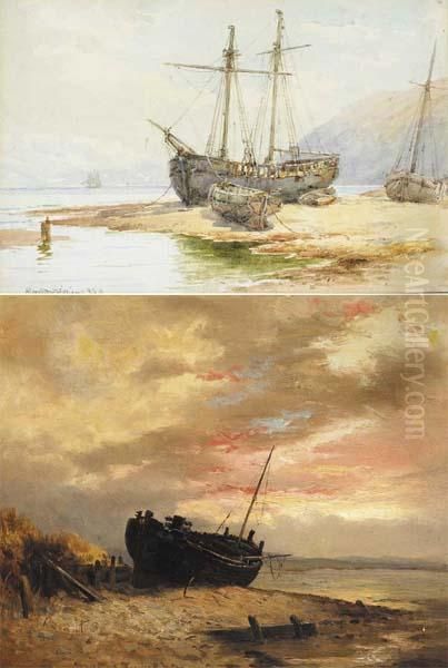 Beached Sailing Craft And Beached Fishing Smack (a Pair) Oil Painting by Alexander Williams