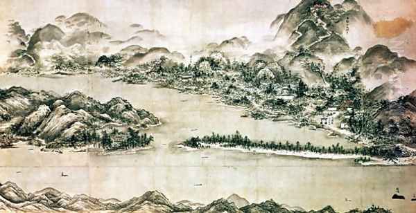 Landscape of mountains and a river in cursive style Oil Painting by Sesshu Toya