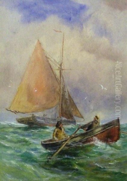 Row Boat And Fishing Trawler In Choppy Seas Oil Painting by Alexander Williams