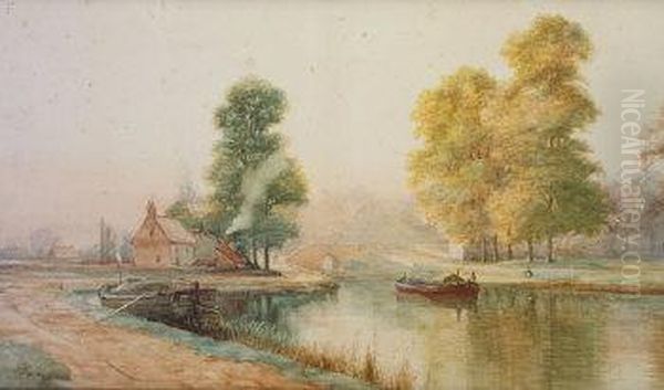 Barge On Canal Oil Painting by Alexander Williams