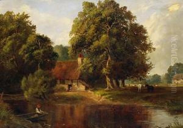 A Boy Fishing From A Punt Oil Painting by Edward Charles Williams