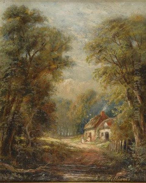 Figures Outside A Thatched Cottage In Awoodland Clearing Oil Painting by Edward Charles Williams