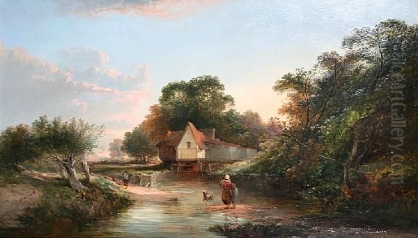 Cottage By A River With Figure Crossing Aford Oil Painting by Edward Charles Williams