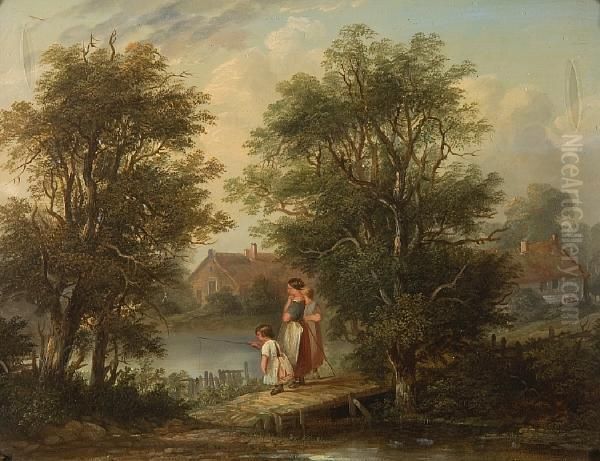 Young Girls Fishing In A Woodedlandscape Oil Painting by Edward Charles Williams