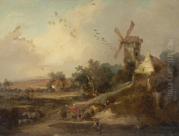 Gypsy Encampment Before A Cottage And With Windmill Oil Painting by Edward Charles Williams