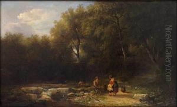 Childeren At A Forest Stream Oil Painting by Edward Charles Williams