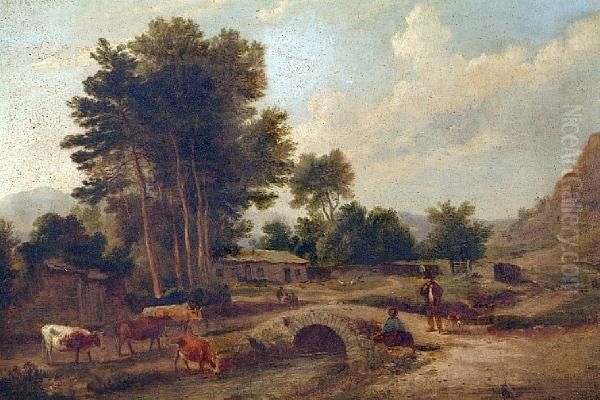 Country Scene With Cattle And Figures Oil Painting by Edward Charles Williams