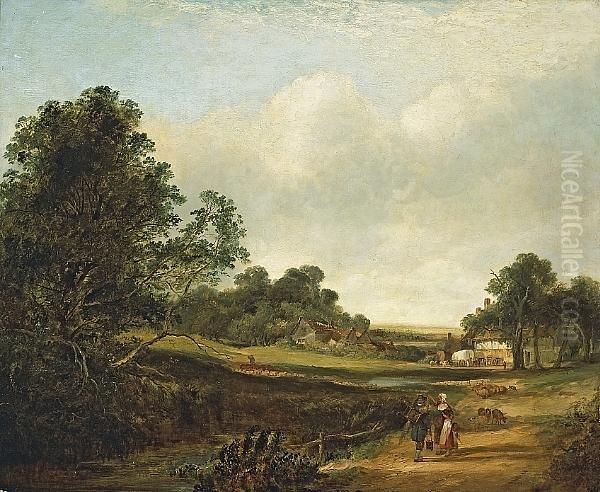 An Extensive Rural Landscape With Figures On Aroad And Farmhouses Beyond Oil Painting by Edward Charles Williams