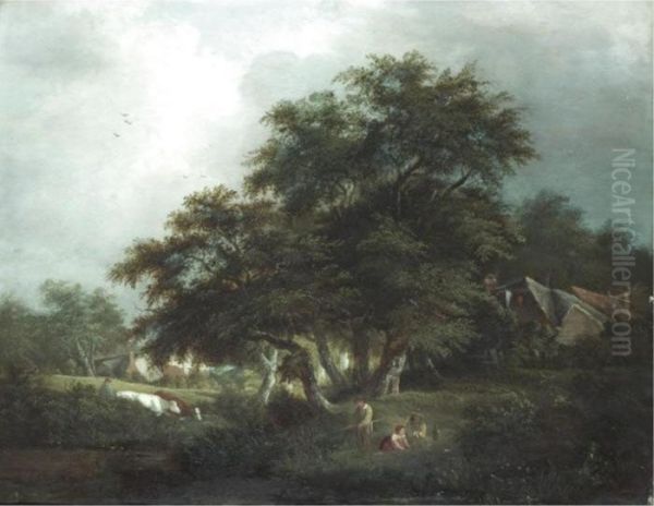 River Scene With Children And Cattle In The Foreground Oil Painting by Edward Charles Williams