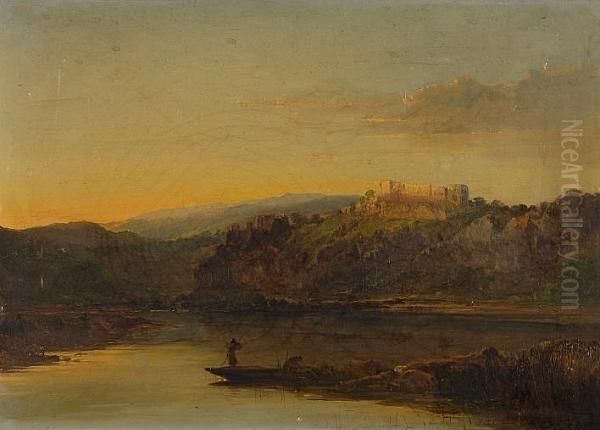 A Fishermen On A River, With Castle Catching The Evening Light Beyond Oil Painting by Edward Charles Williams