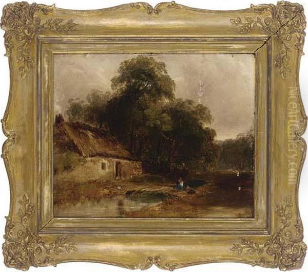 Figures On A Bridge Before A Cottage Oil Painting by Edward Charles Williams