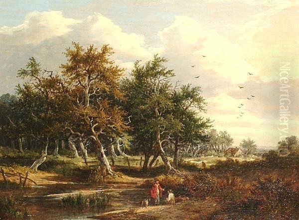 Figures By A Pool; Figures On A Lane. Oil Painting by Edward Charles Williams