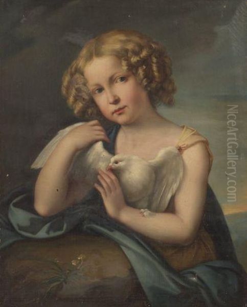 Girl Holding A Dove. Oil Painting by Edward Charles Williams