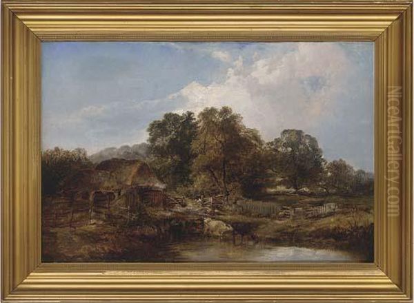 Cattle Watering Before A Barn Oil Painting by Edward Charles Williams