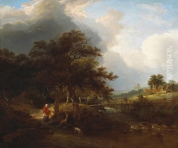 A Wooded Landscape With Travellers On A Path Oil Painting by Edward Charles Williams