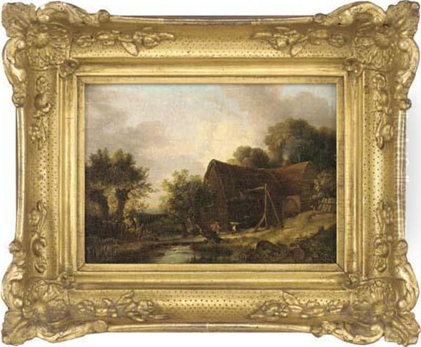 Figures Before A Barn Oil Painting by Edward Charles Williams