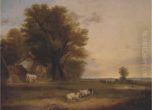 Sheep And Cattle In A Summer Landscape Oil Painting by Edward Charles Williams