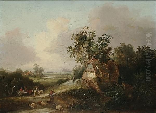 Figures On A Country Lane; And A Drover Passing A Cottage Oil Painting by Edward Charles Williams