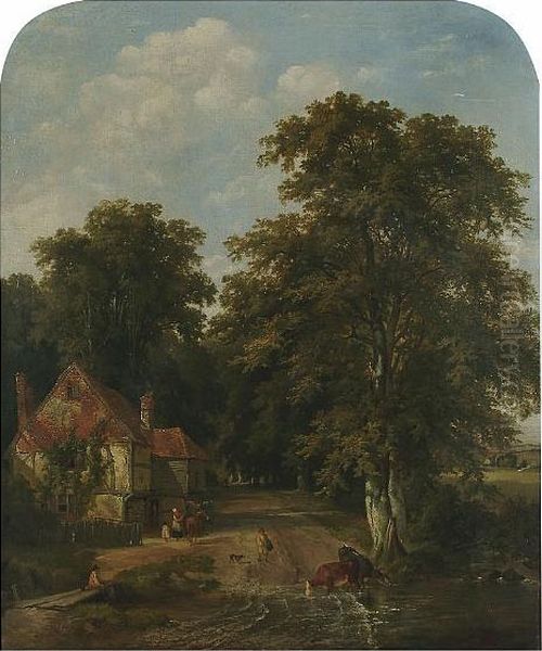 Landscape With An Angler Beside A Ford, A Cottage Beyond Oil Painting by Edward Charles Williams