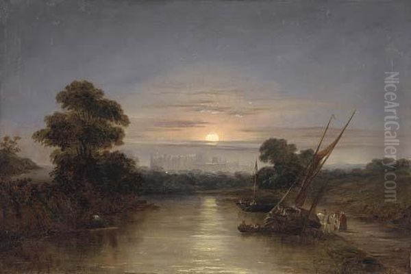 Barges On The Thames At Dusk, With Windsor Castle Beyond Oil Painting by Edward Charles Williams