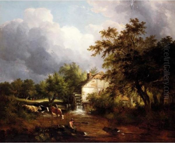 A Fisherman On The Riverbank, A Water Mill And Cattle Beyond Oil Painting by Edward Charles Williams