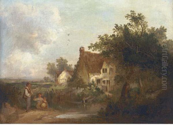 Figures By A Cottage Oil Painting by Edward Charles Williams