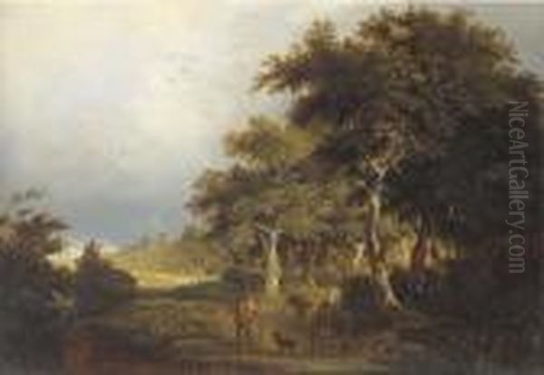 Figures On A Path In A Wooded Landscape Oil Painting by Edward Charles Williams