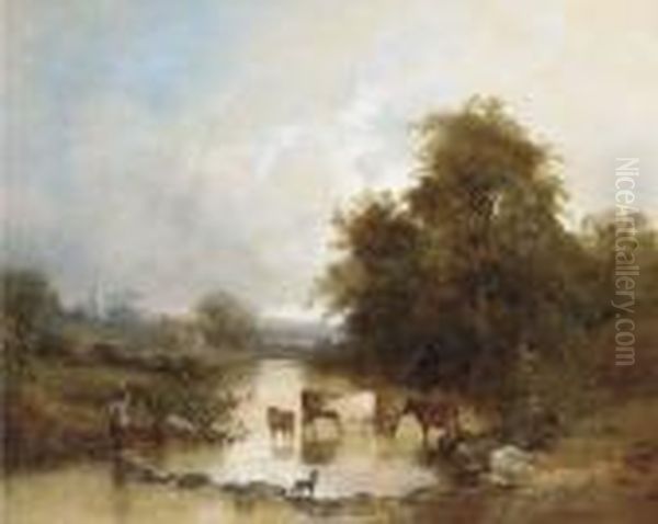 Cattle Watering At The Stepping Stones Oil Painting by Edward Charles Williams