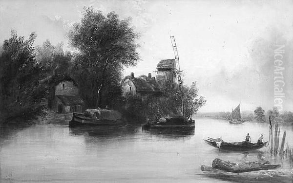 Estuary Scene With Boats And Windmill Oil Painting by Edward Charles Williams