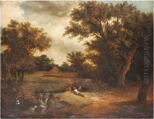 Landscape With Figures By A Waterfall Oil Painting by Edward Charles Williams