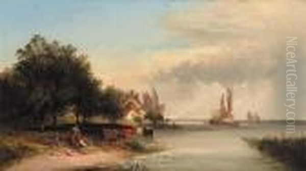 Figures Resting By A Cottage In An Extensive River Estuary Landscape Oil Painting by Edward Charles Williams