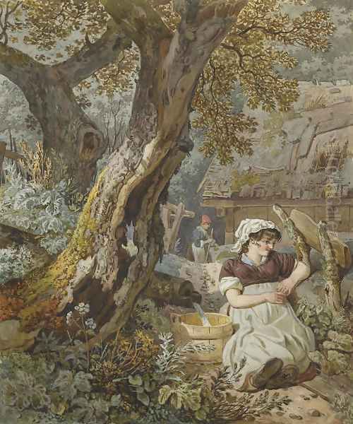 Jeune paysanne assise sous un arbre Oil Painting by Wolfgang-Adam Toepffer