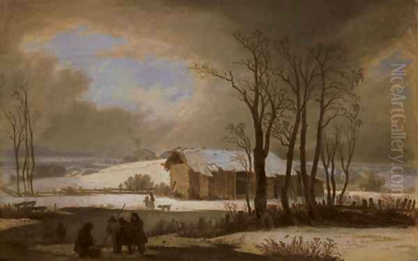 Paysage d'hiver avec deux groupes de personnages et une grange pres d'un etang, 1845 Oil Painting by Wolfgang-Adam Toepffer