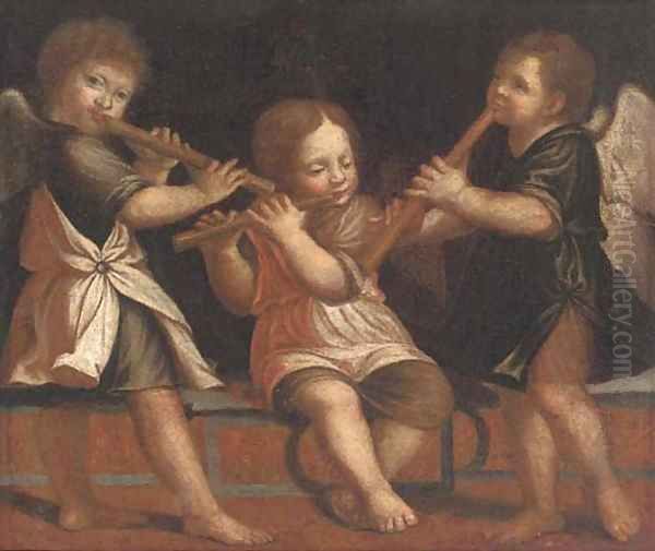 Three putti playing flutes Oil Painting by Jacopo Tintoretto (Robusti)