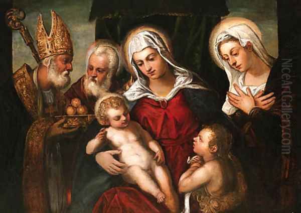 The Holy Family with the Infant Saint John the Baptist and Saints Catherine of Alexandria and Nicholas of Bari Oil Painting by Jacopo Tintoretto (Robusti)