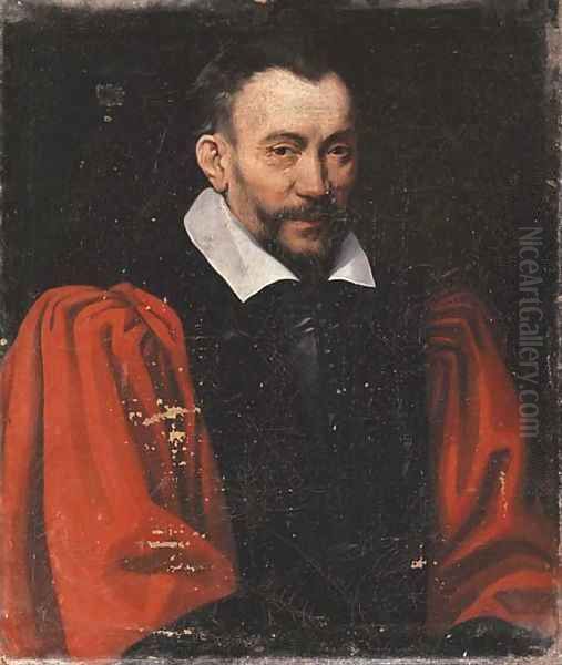 Portrait of a gentleman, bust-length, in a red shirt and black waistcoat Oil Painting by Domenico Tintoretto