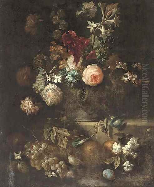 Roses, narcissi, morning glory and other flowers in a vase on a ledge with grapes, plums and oranges beneath Oil Painting by Franz Werner von Tamm