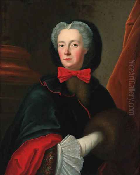 Portrait of a lady, half-length, in a black cloak with a red bow Oil Painting by Louis Tocque