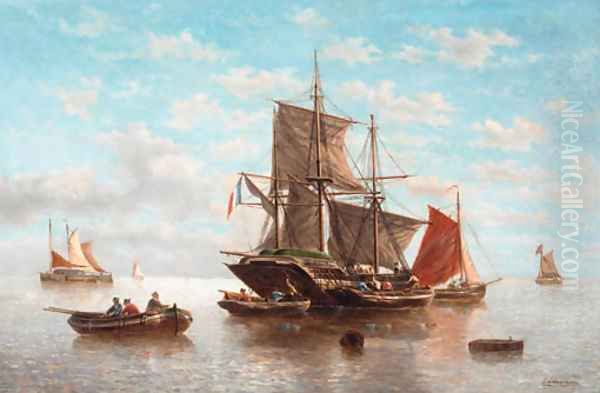 Shipping and fishing vessels in calm waters Oil Painting by Louis Timmermans