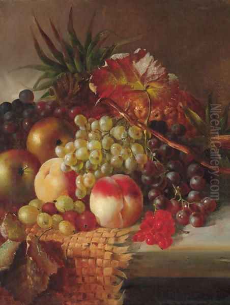 Grapes, peaches, apples, gooseberries, and pineapples on a wicker mat on a stone ledge Oil Painting by Henry George Todd