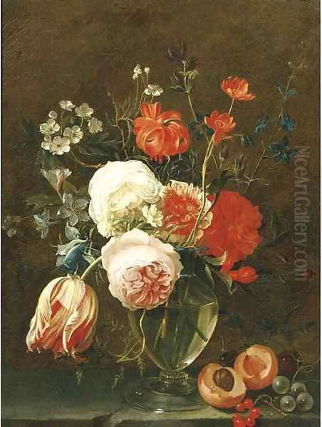 A still life of flowers in a glass vase with fruit on a stone ledge Oil Painting by Gaspar Thielens