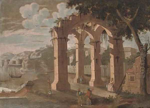 A Mediterranean coastal landscape with figures amongst ruins Oil Painting by Agostino Tassi