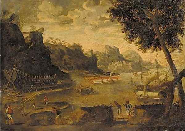 A harbour landscape with shipwrights working in a yard, a fortress and mountains beyond Oil Painting by Agostino Tassi